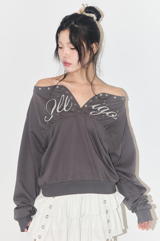 illigo - [Pre-order delivery on 10/02] Button eyelet off-shoulder man-to-man charcoal
