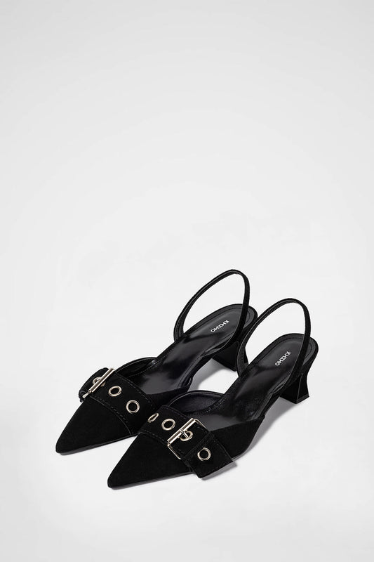 KHIHO - POINTED BUCKLE SLINGBACKS / BLACK SUEDE