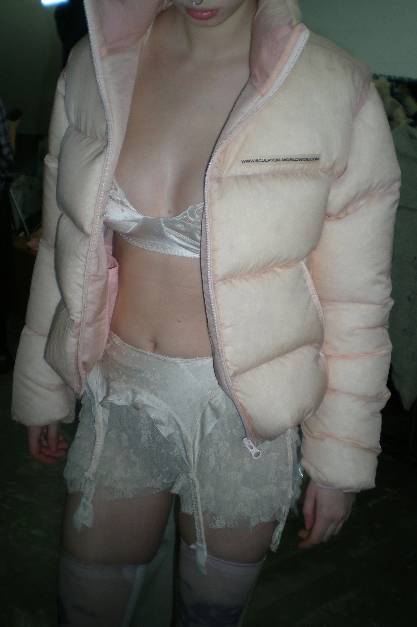 104 Sheer Cropped Puffer Down Peach Pink