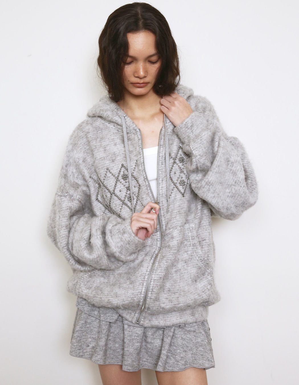 Polysooem -  FLUFFY ARGYLE STUDDED HOODIE_ONZI EDITION, GREY