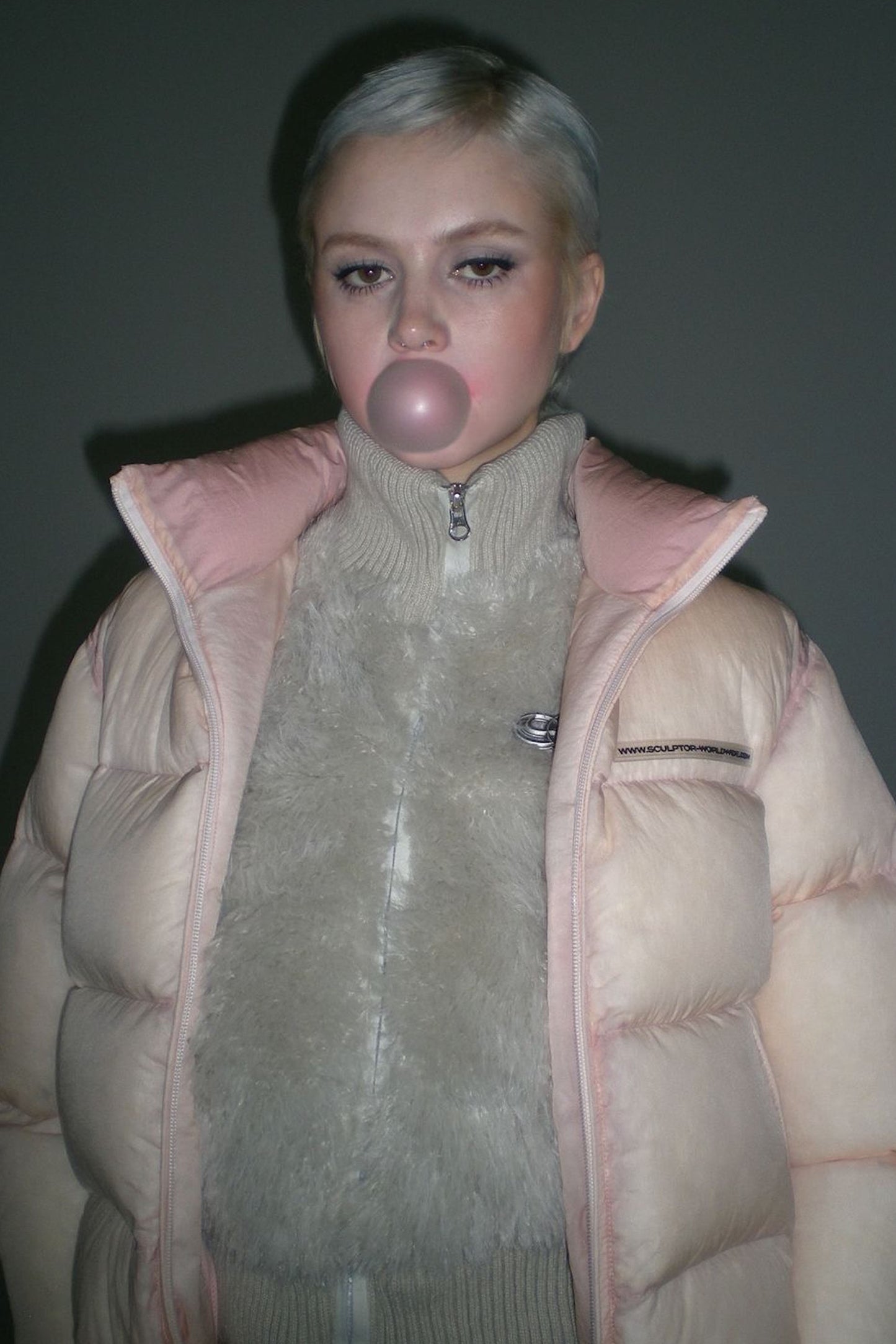 104 Sheer Cropped Puffer Down Peach Pink