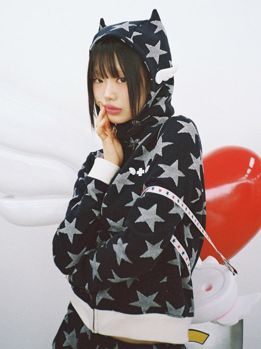 Angel of Star Wing Zip-Up Hoodie - NAVY