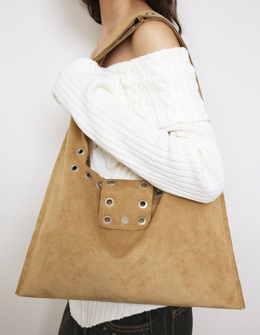 Polysooem - EYELET SUEDE SHOULDER BAG, YELLOWISH BROWN