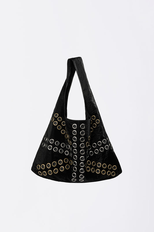 Sculptorpage - Stud Metallic Hobo Bag Black