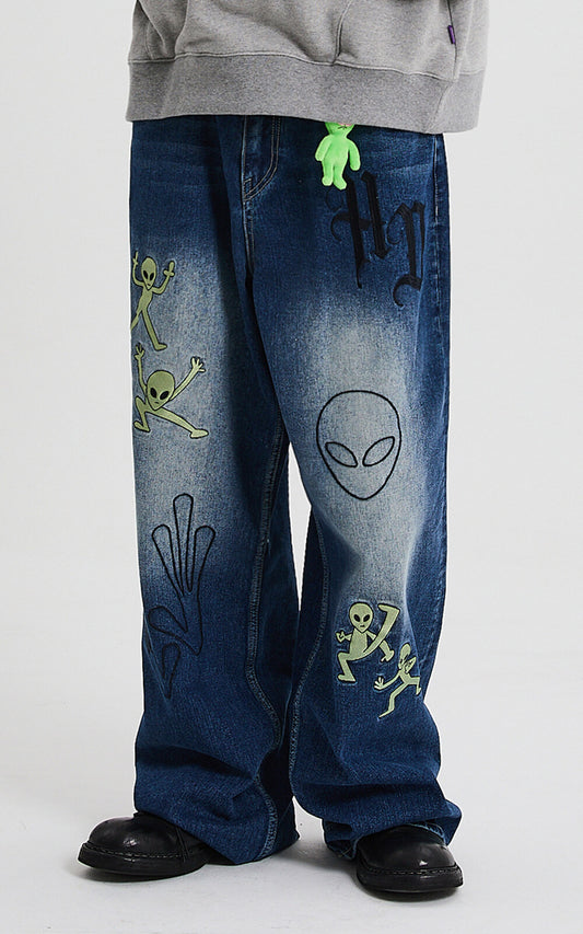 HOODHOOD - HD Alien Multi-Embroidery Denim Pants Deep Blue