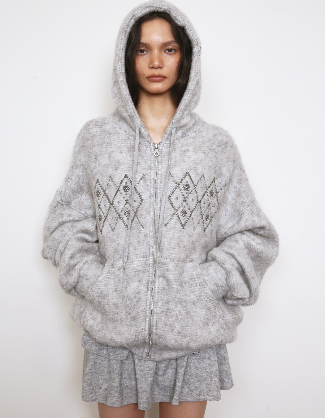 Polysooem -  FLUFFY ARGYLE STUDDED HOODIE_ONZI EDITION, GREY