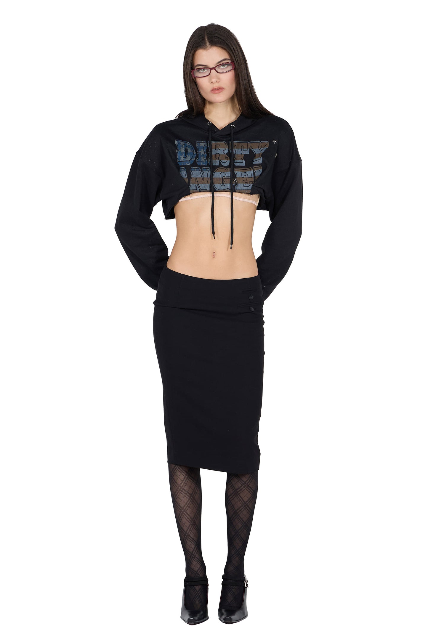 Glitter Flag Crop Hoodie Black