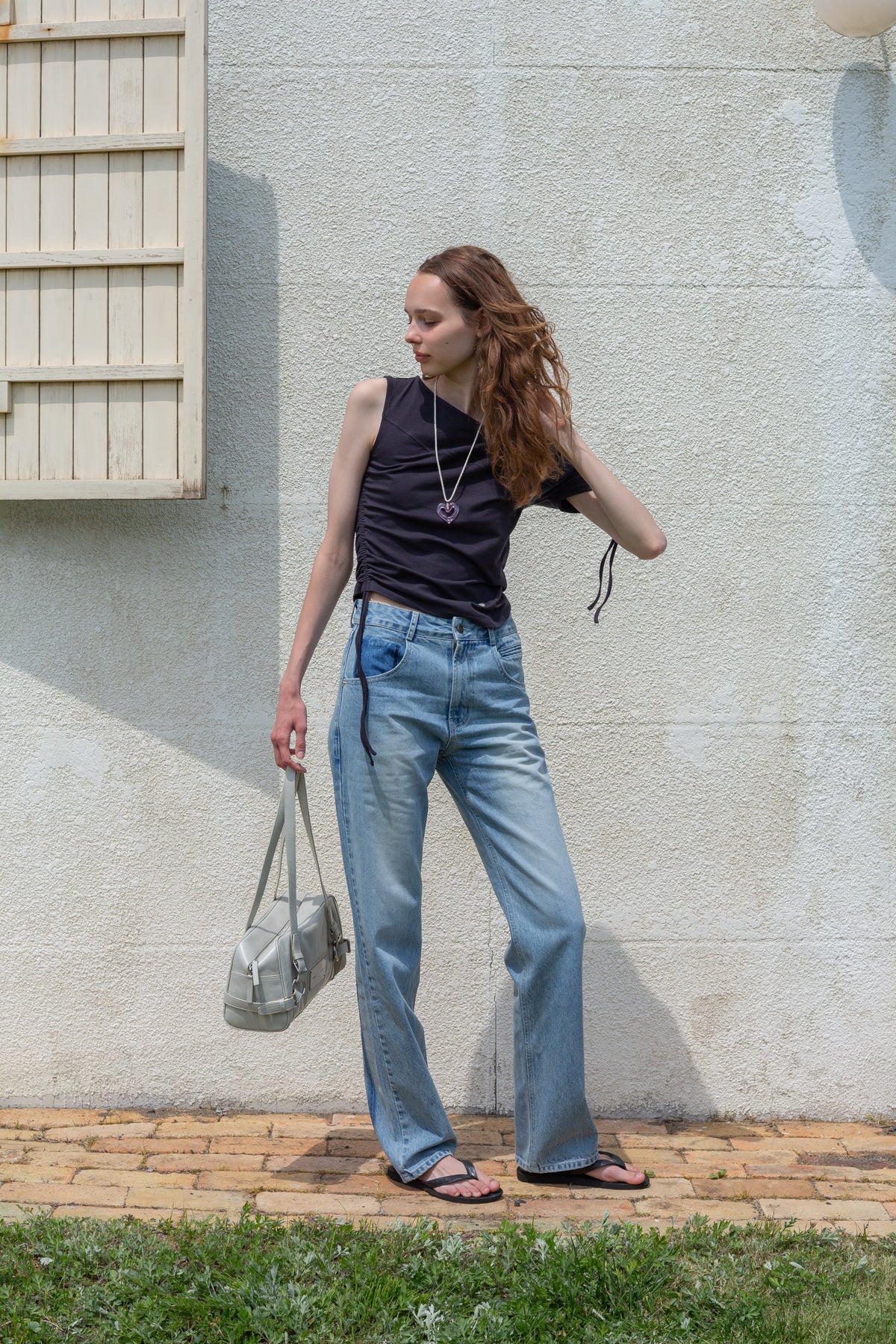 Matin Kim - STRING OFF SHOULDER SLIM TOP IN CHARCOAL