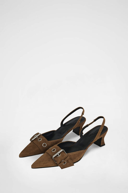 KHIHO - POINTED BUCKLE SLINGBACKS / BROWN SUEDE