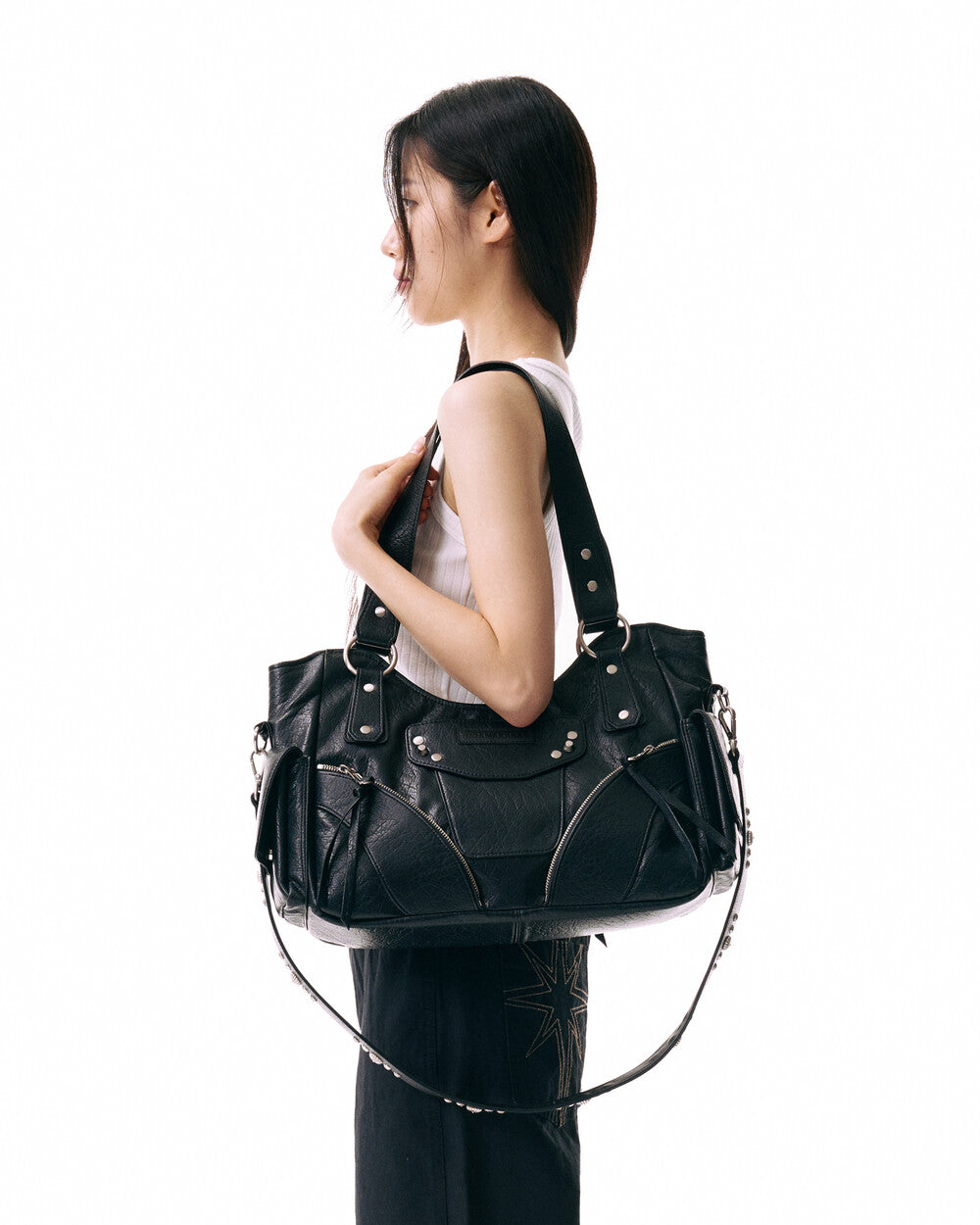 IUGA - Studded Leather Shoulder Bag (Black)