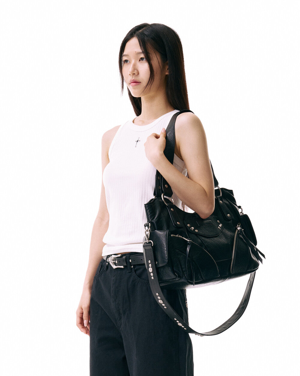 IUGA - Studded Leather Shoulder Bag (Black)