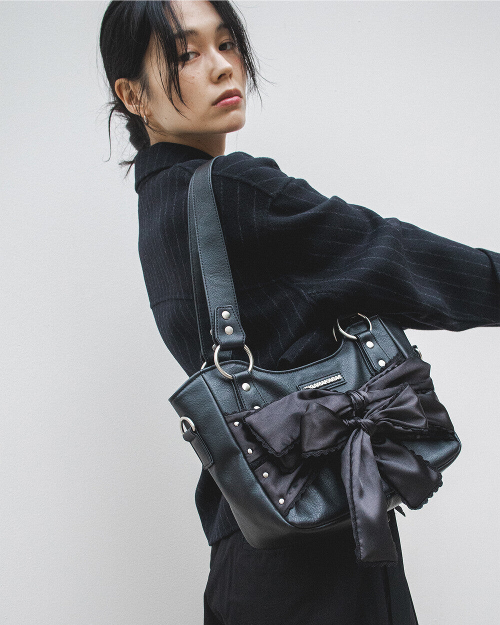 IUGA - Laced Ribbon Leather Shoulder Bag (Black)