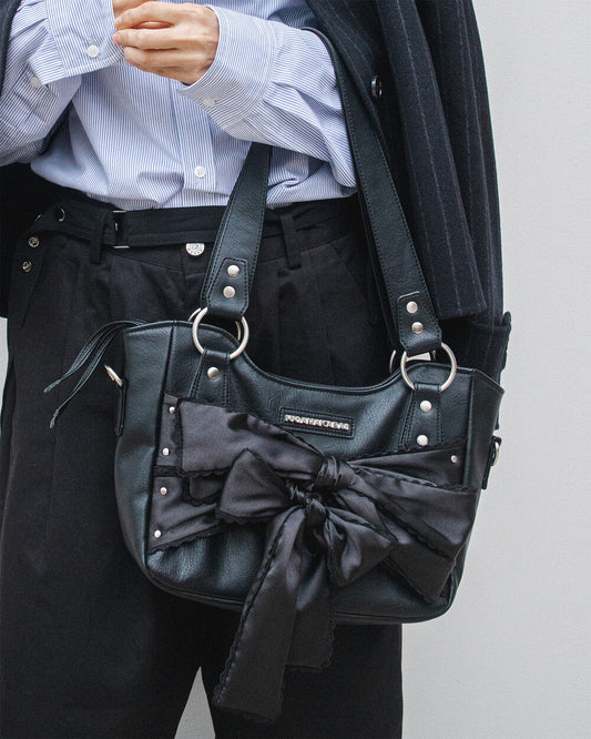 IUGA - Laced Ribbon Leather Shoulder Bag (Black)